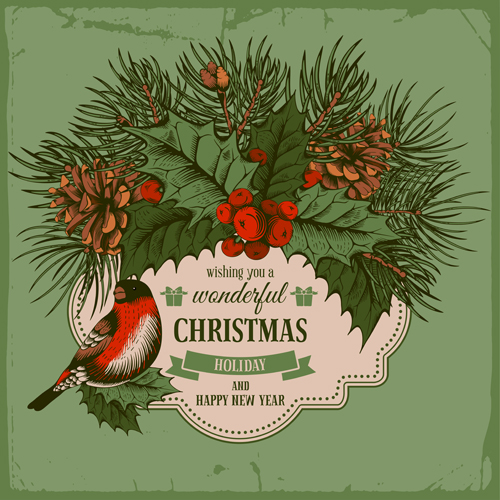 Christmas cards holly berries and fir-cone with bird vector 03