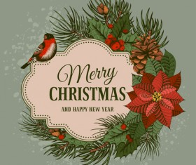 Christmas cards holly berries and fir-cone with bird vector 04