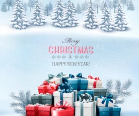 Christmas elements with winter landscape background vector 01