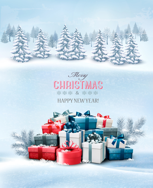 Christmas elements with winter landscape background vector 01