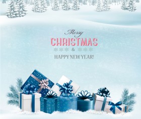 Christmas elements with winter landscape background vector 04