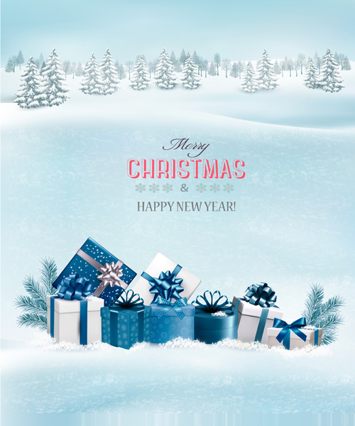 Christmas elements with winter landscape background vector 04