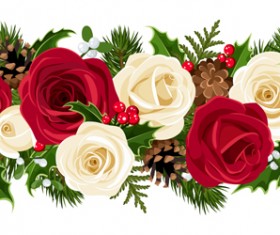 Christmas holly berries and fir-cone with rose border vector