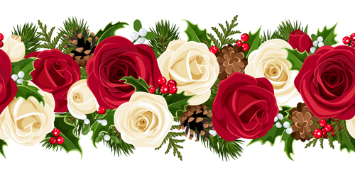 Christmas holly berries and fir-cone with rose border vector