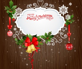 Christmas holly berries with baubles and wood background vector