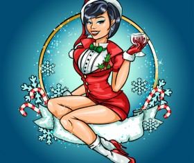 Christmas labels with beautiful girl vector 01