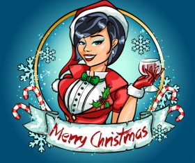 Christmas labels with beautiful girl vector 02