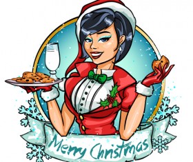 Christmas labels with beautiful girl vector 03