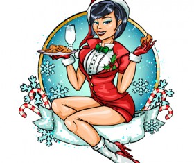 Christmas labels with beautiful girl vector 04