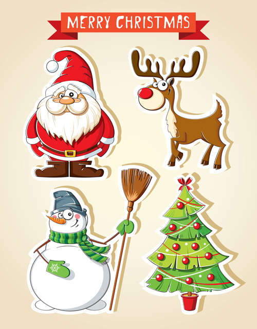 Christmas santa with tree deer and snowman stickers vector