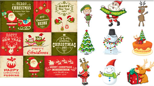 Vintage Christmas background with santa snowman and tree vector
