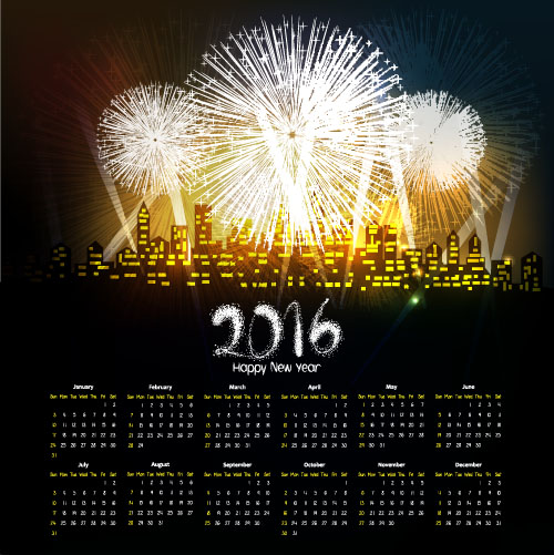 Fireworks with 2016 calendar vectors