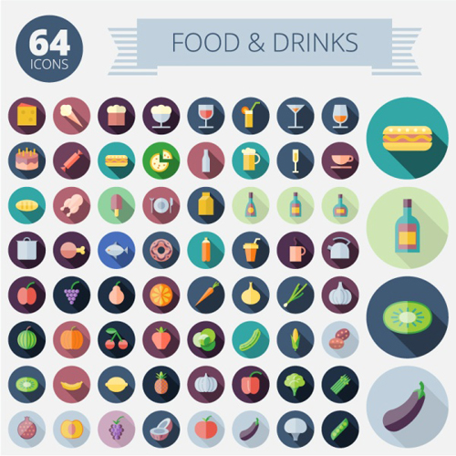 Food with drink long shadow icons
