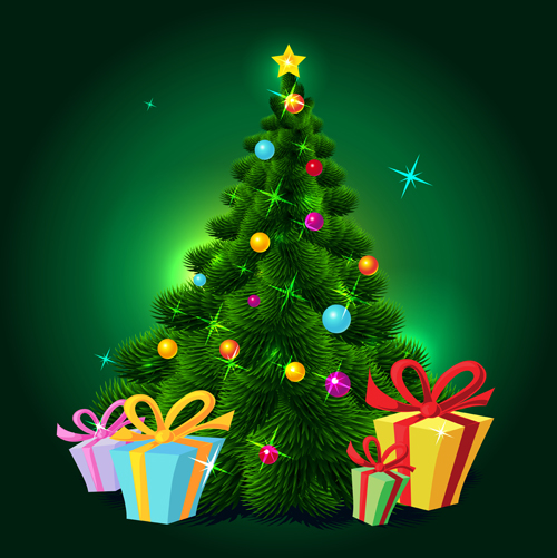 Green christmas tree with gift vector material