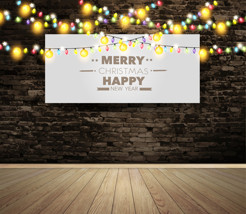 Happy christmas on wall with colored lamp vecor