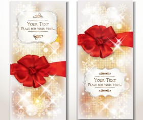 Holiday gift cards with ribbon bow vector 02