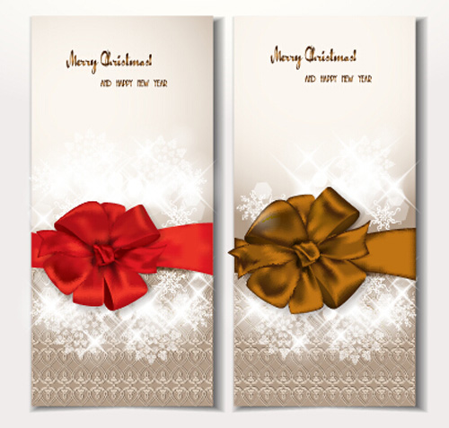 Holiday gift cards with ribbon bow vector 05