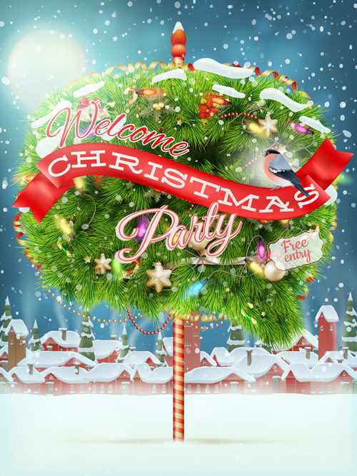 Round christmas tree winter background vector 01