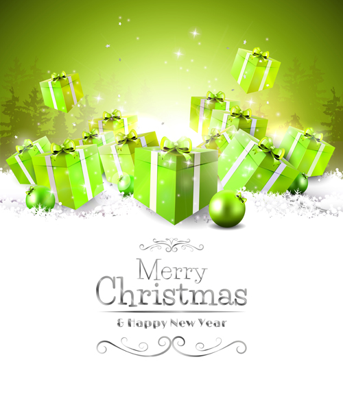 Snow card with christmas balls green gift boxs vector
