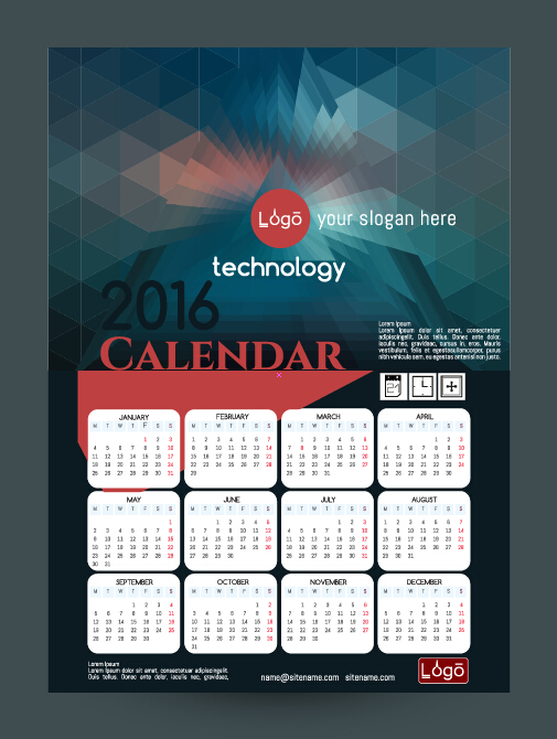 Technology background with 2016 calendar vector 02