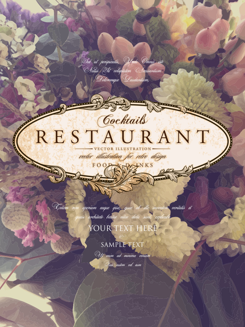 Vintage restaurant menu cover with flower blurs background vector 01