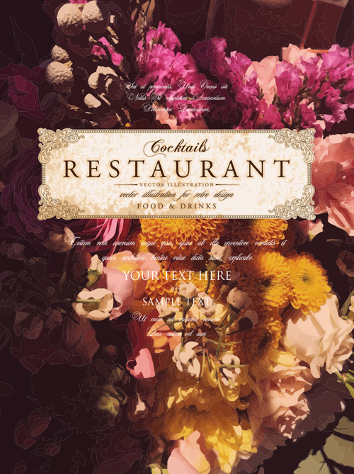 Vintage restaurant menu cover with flower blurs background vector 02