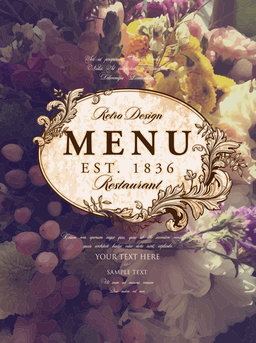 Vintage restaurant menu cover with flower blurs background vector 03
