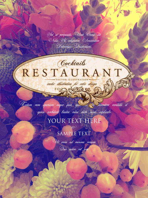Vintage restaurant menu cover with flower blurs background vector 04