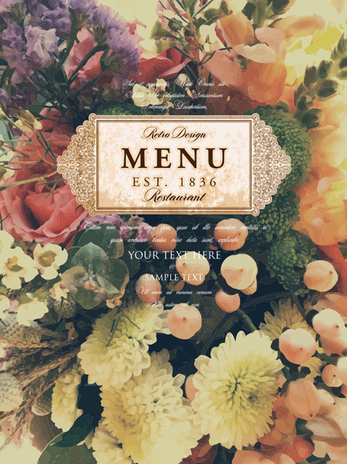 Vintage restaurant menu cover with flower blurs background vector 05