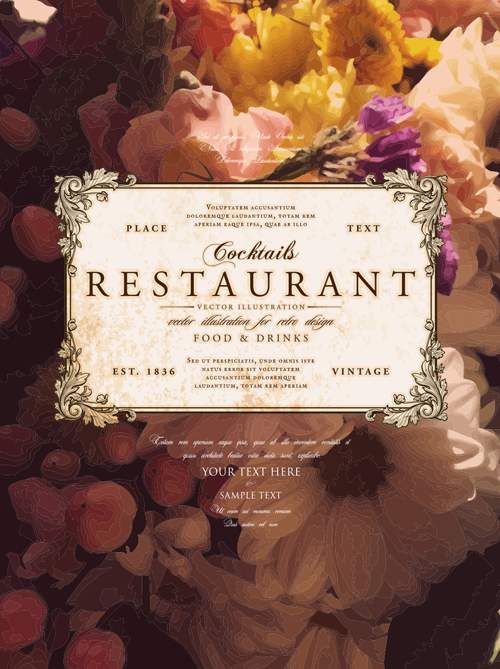 Vintage restaurant menu cover with flower blurs background vector 06