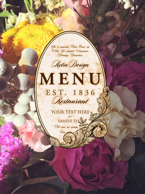 Vintage restaurant menu cover with flower blurs background vector 08