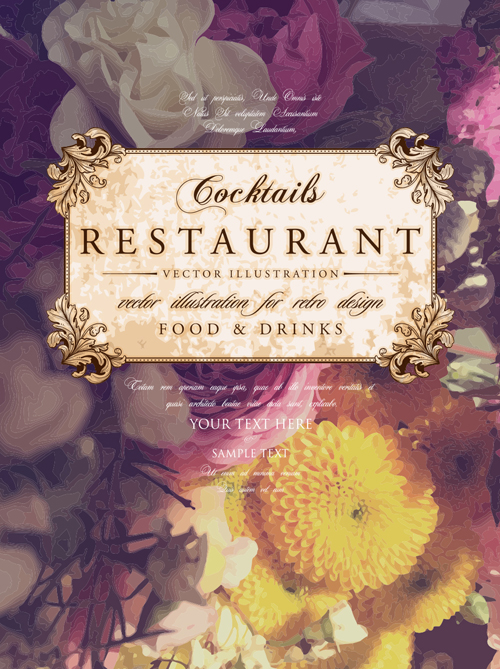 Vintage restaurant menu cover with flower blurs background vector 10