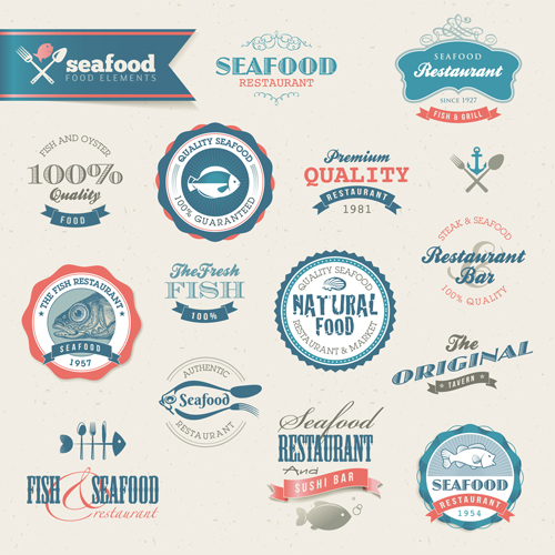 Vintage seafood labels vector set