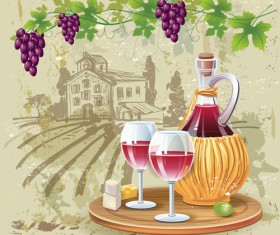 Wine cheese and grapes with farm vector 02