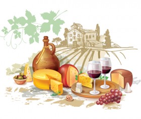 Wine cheese and grapes with farm vector 03