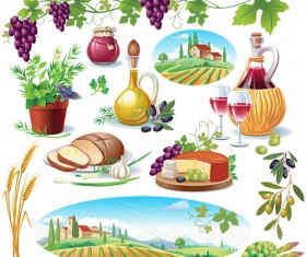 Wine cheese and grapes with farm vector 05