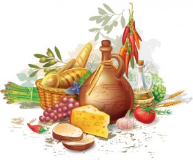 Wine with cheese and grapes bread vector 01