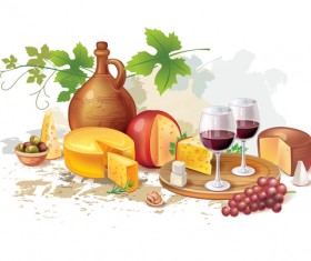 Wine with cheese and grapes bread vector 02