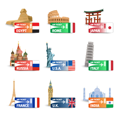 World landmarks with air ticket vector