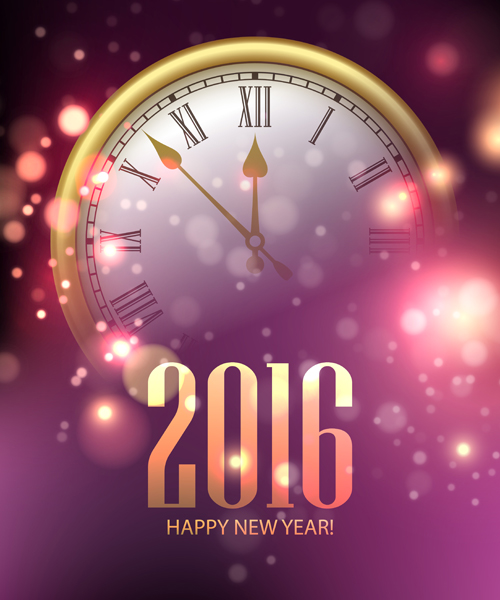 2016 Happy New Year with clock background vector 01