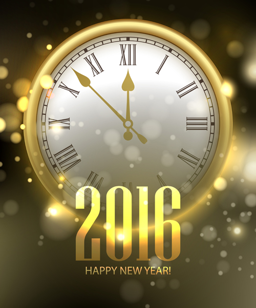 2016 Happy New Year with clock background vector 02