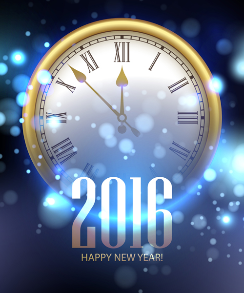 2016 Happy New Year with clock background vector 03