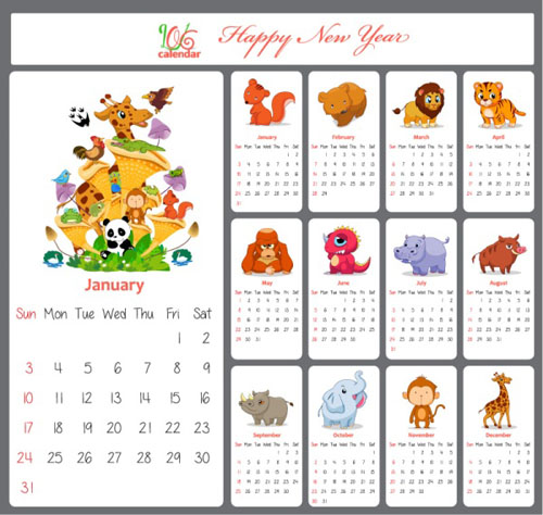 2016 calendar cartoon animal vector material