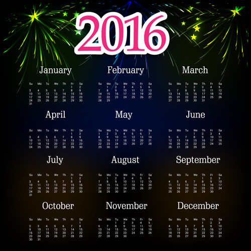 2016 calendar with fireworks vector material 05