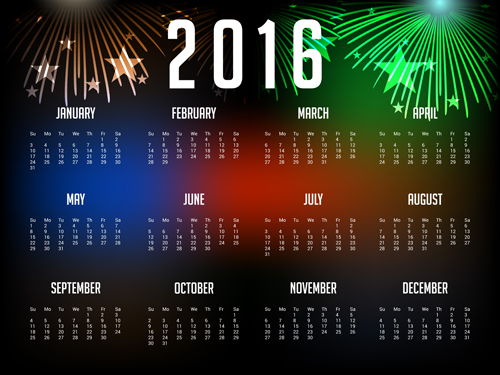 2016 calendar with fireworks vector material 06