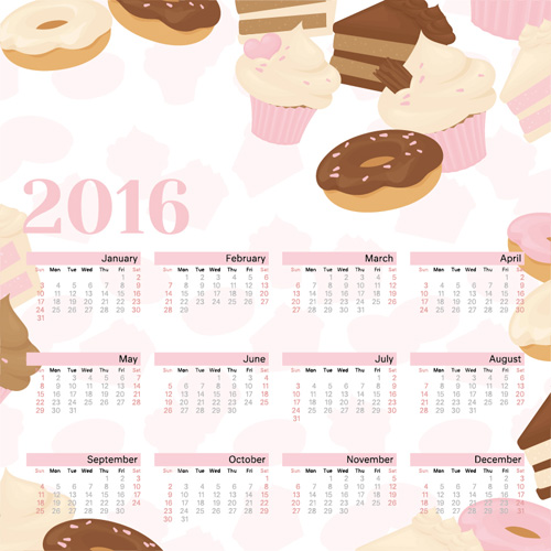 2016 calendars with ice cream and sweet vector