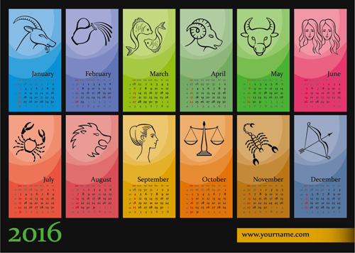 2016 calendars with zodiac vector