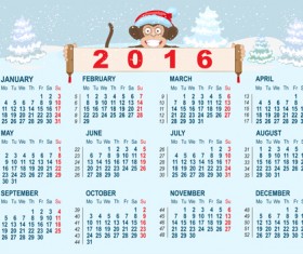 2016 monkey calendar with winter snow vector