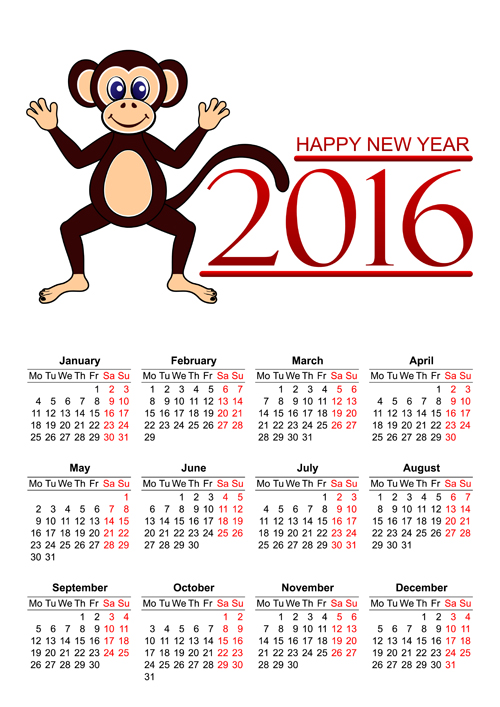 2016 monkey new year calendar vector