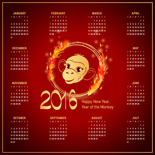 2016 monkey new year with red calendar vector